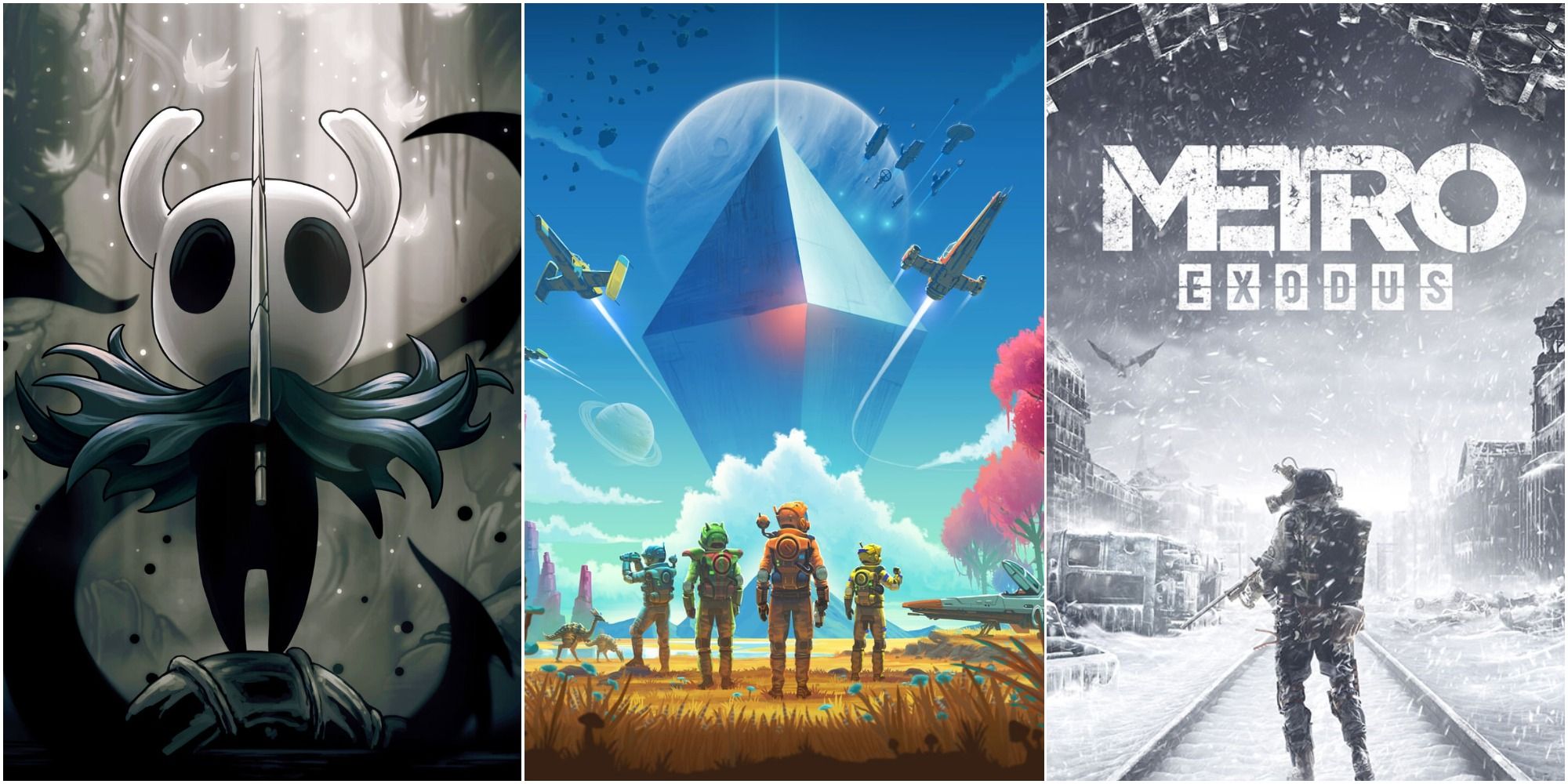 Key art of the Knight from Hollow Knight holding their nail, promo art for No Man's Sky featuring many characters, and the cover art for Metro Exodus of Artyom standing in snow