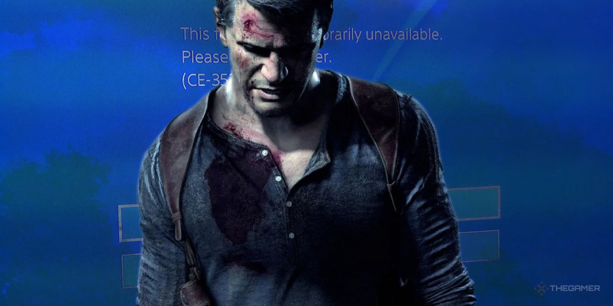 Nathan Drake from Uncharted looking glum in front of a PSN screen that says 