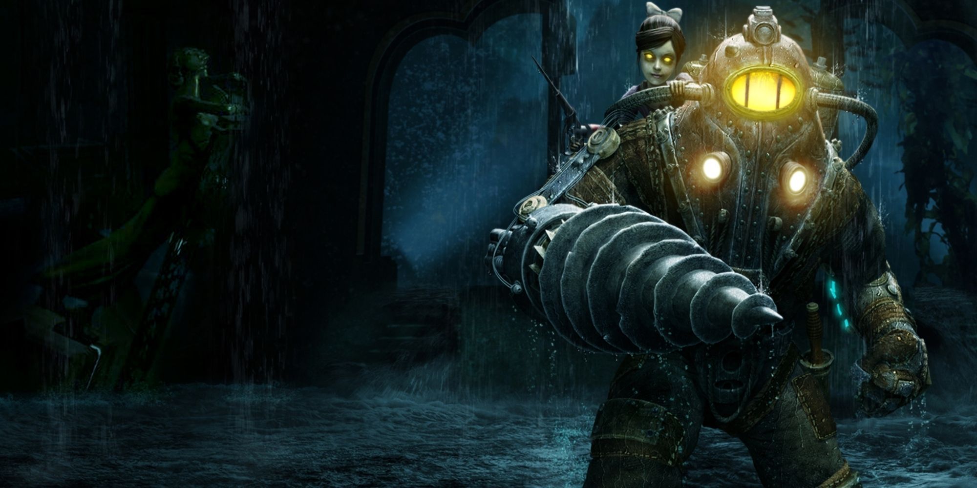 Key art from Bioshock 2, showing Subject Delta with a Liitle Sister on his shoulder