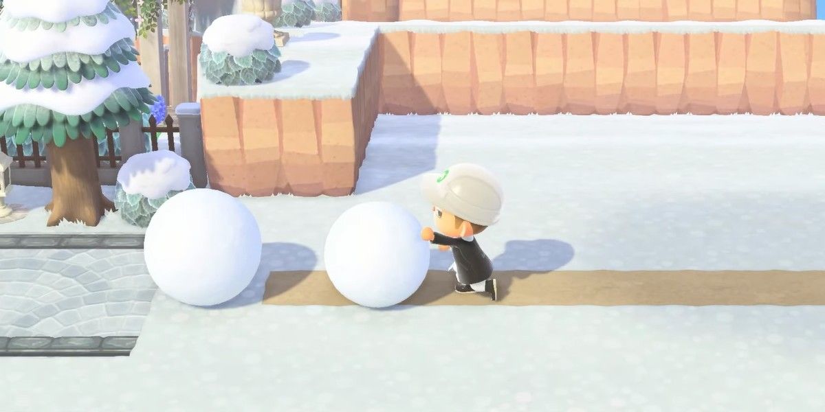 animal crossing new horizons villager building snowboy with dirt path