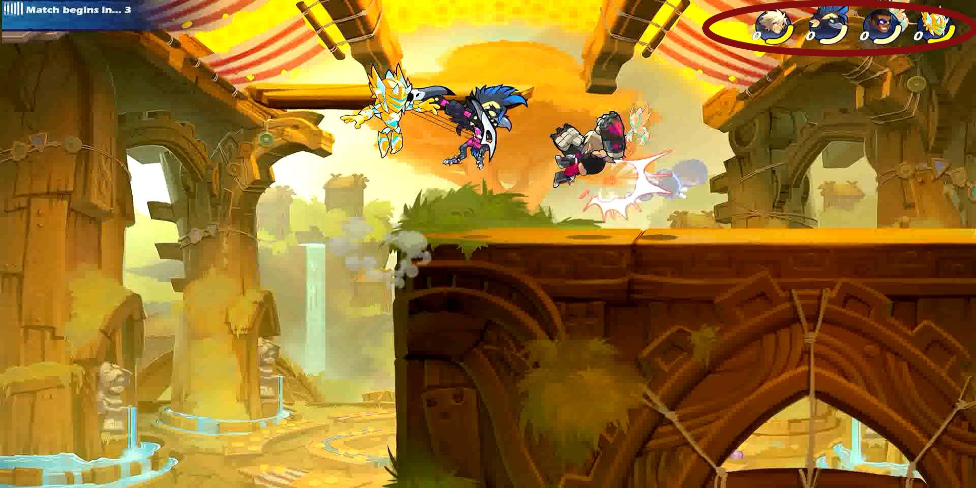 Players fight in the online waiting room in Brawlhalla. (HUD is annotated).