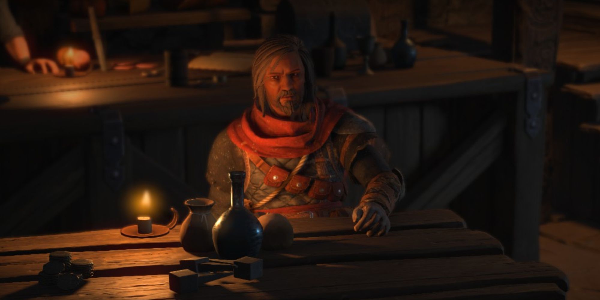 Wartales a close up POV shot of an armoured man sat in a dimly lit tavern at a wooden table with bottles, food and a flickering candle in front of him