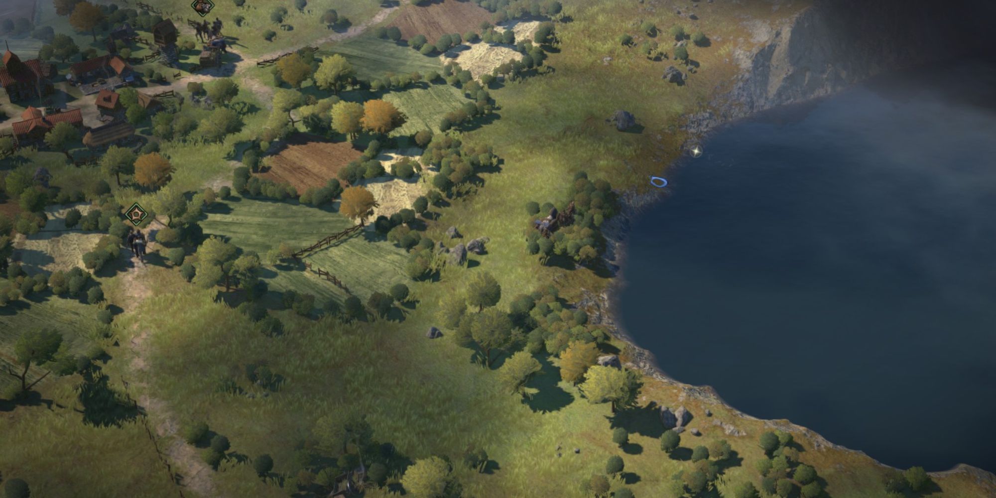 Wartales a wide isometric view of a lush landscape with trees, grass and dirt paths stretching into the far distance with a large lake to the right 