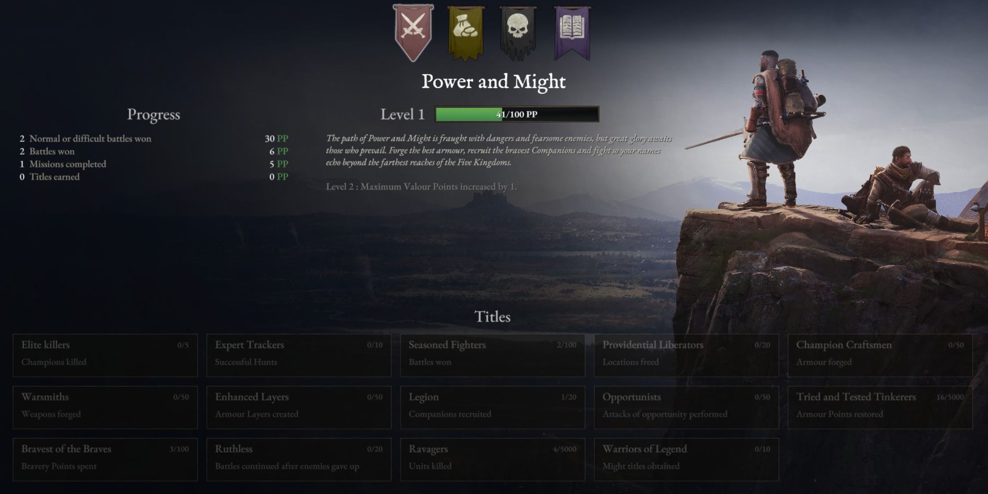 Wartales a menu detailing the current progress the player has made on a specific path with the other paths hidden behind tabs at the top and an image of a soldier on a mountain to the right