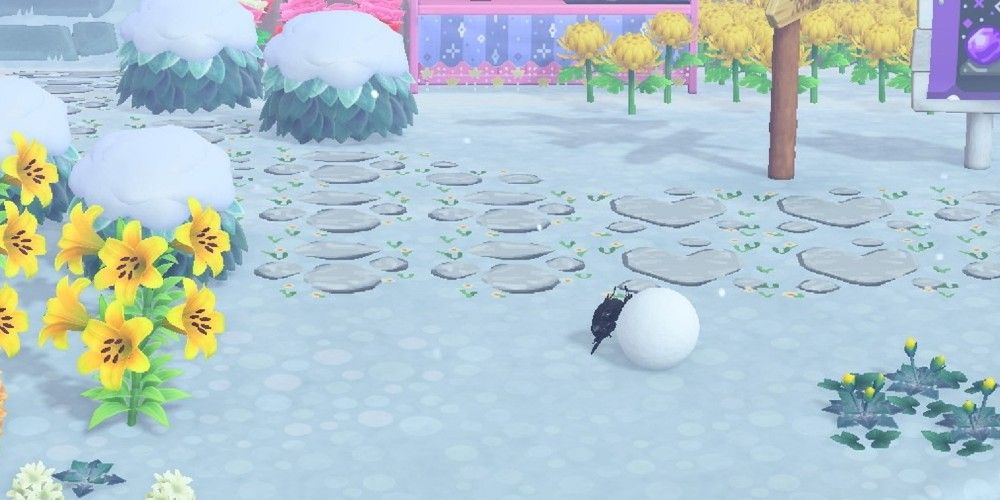 animal crossing new horizons dung beetle bug rolling snowball in winter snow