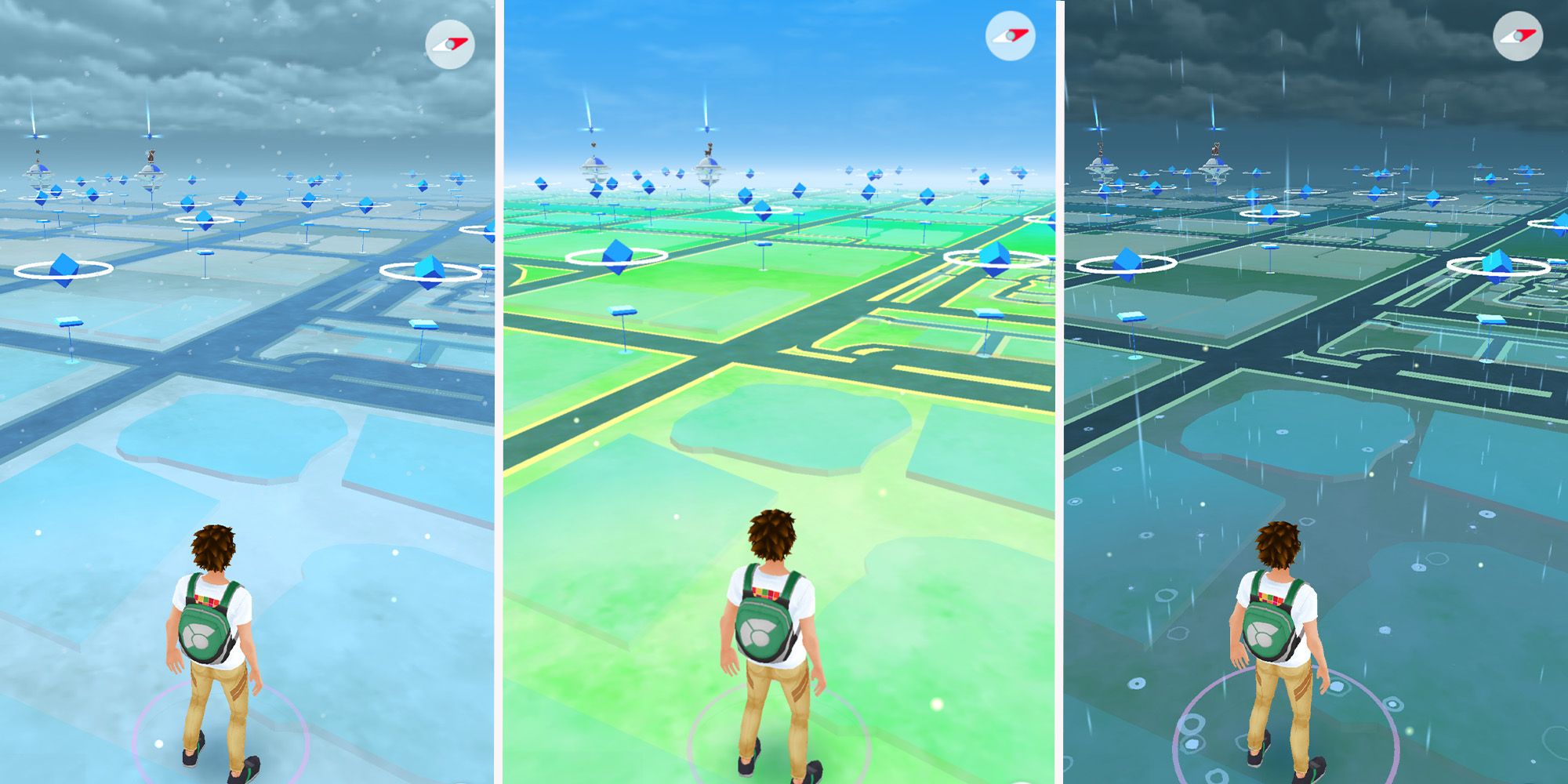 Three types of Weather in the Pokemon Go Overworld, Sunny, Rainy, and Snowy