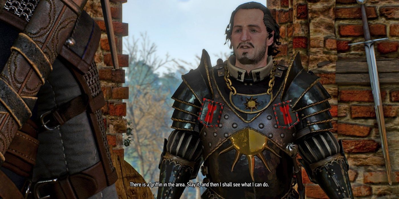 Nilfgaardian Captain Peter Saar Gwynleve informs Geralt of the griffin in the area