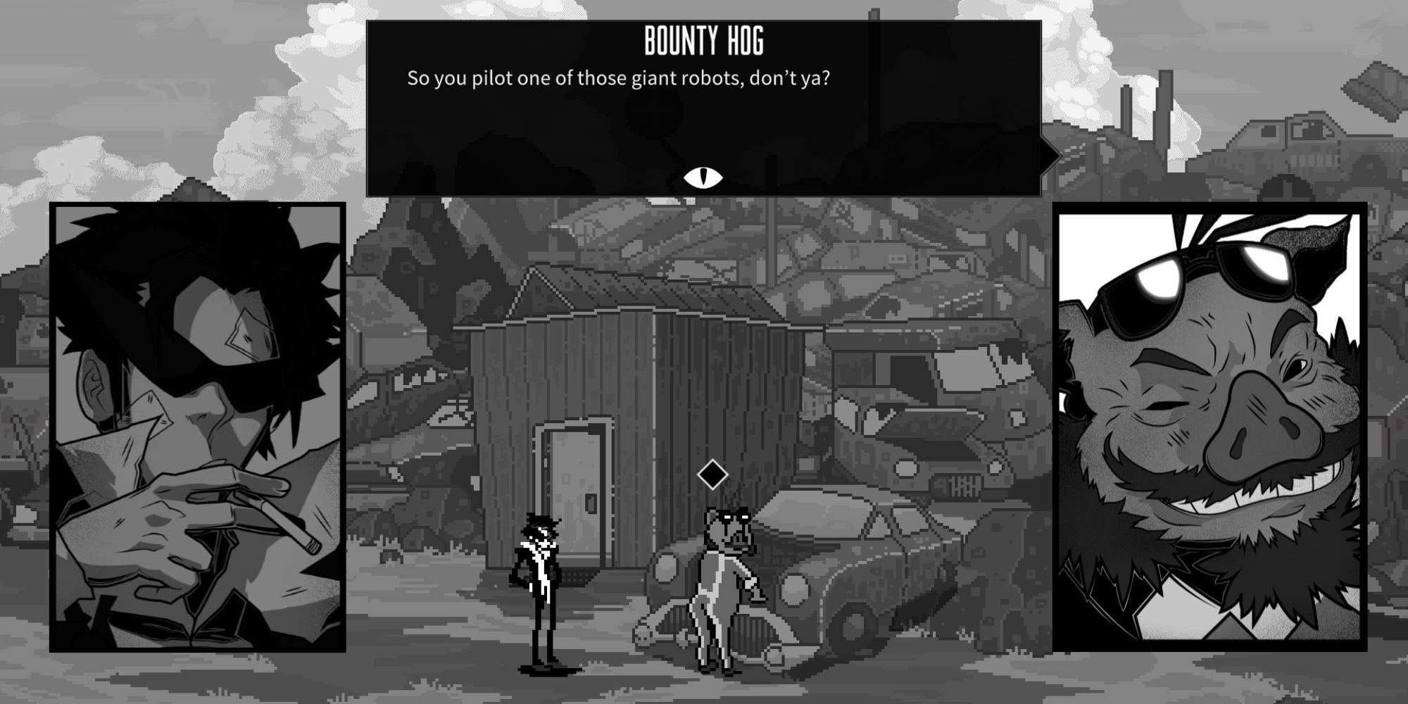 Wolfstride a 2D pixel art image of Shade talking to Bounty Hog in his garage with their character portraits over the image with Bounty Hog's dialogue appearing in a black box at the top of the image 