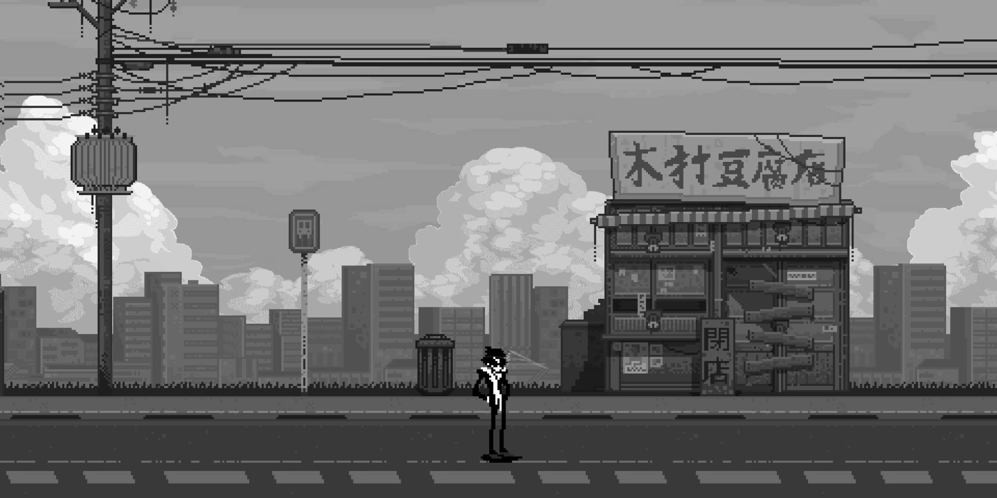 Wolfstride a 2D pixel art perspective of the game's protagonist Shade stood in front of an old abandoned shack in the middle of a deserted highway with a cityscape in the background