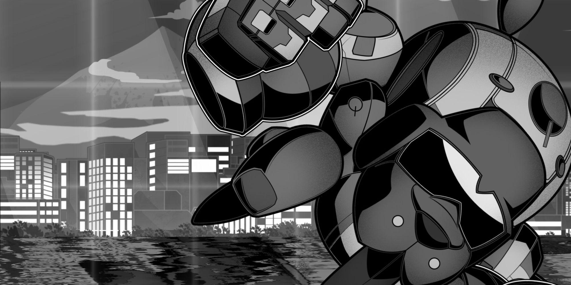 Wolfstride a mid shot of the mech Dogoko leaping towards something off screen with a cityscape behind it 