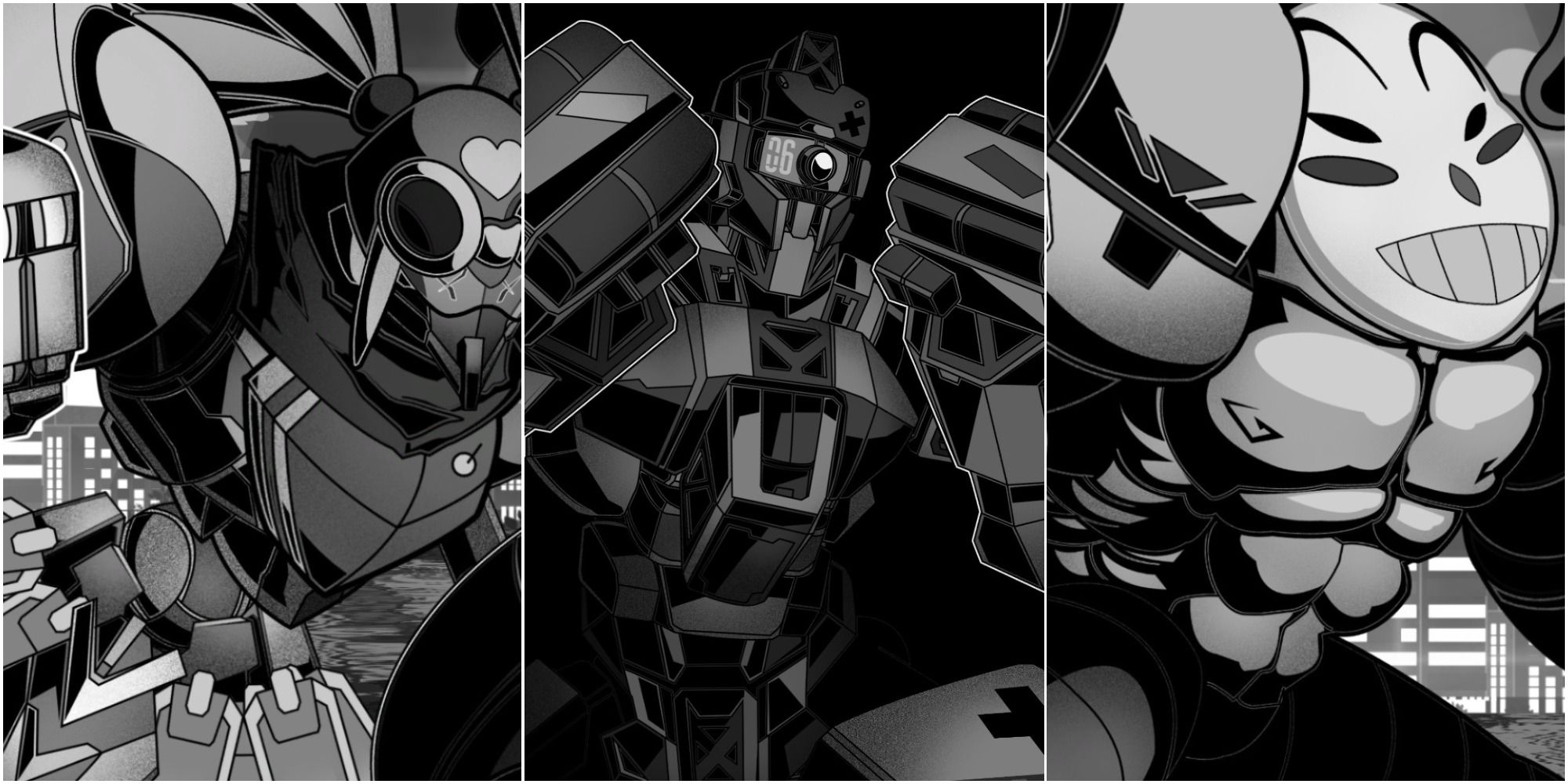 Wolfstride the mech Saint Sailor Sakura lunging on the left, the mech JOE in a fighting stance in the middle and the mech One Winged Duck grinning on the right