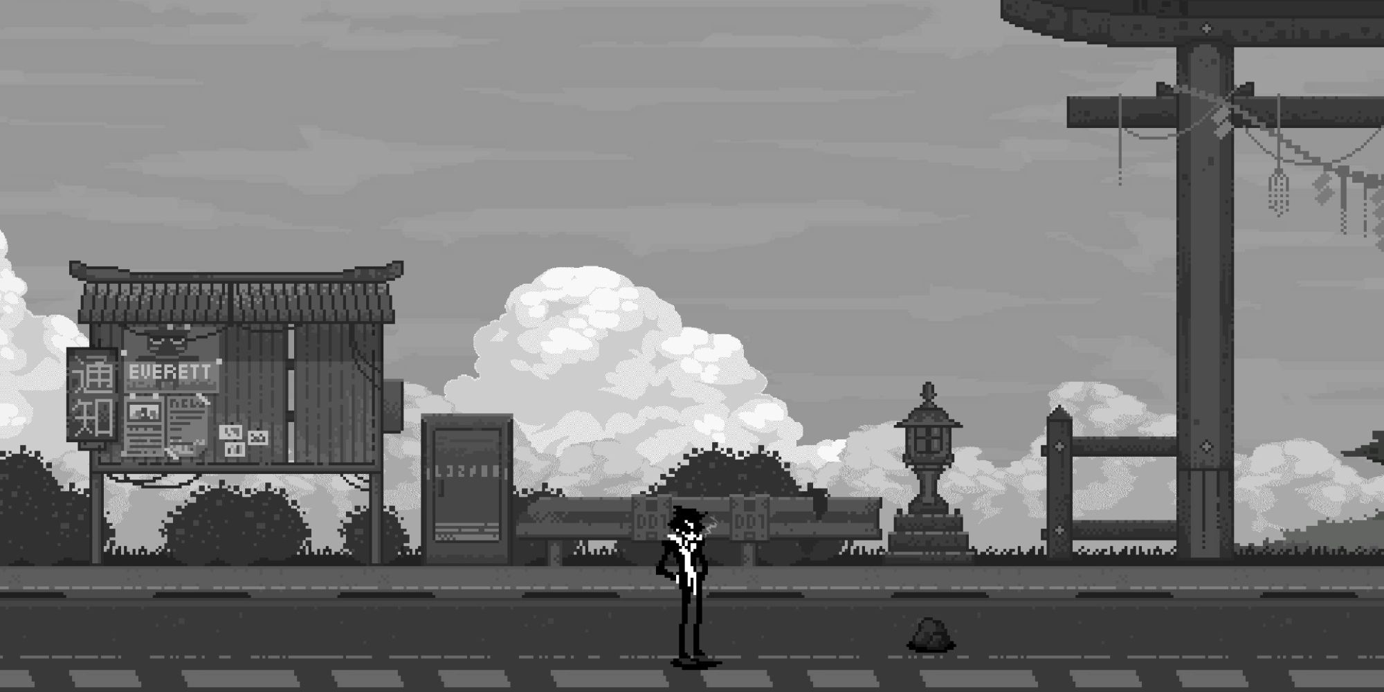 Wolfstride a 2D pixel art image of the game's protagonist, Shade, standing in an empty road with a dilapidated sign and temple gate behind him and rolling clouds in the sky