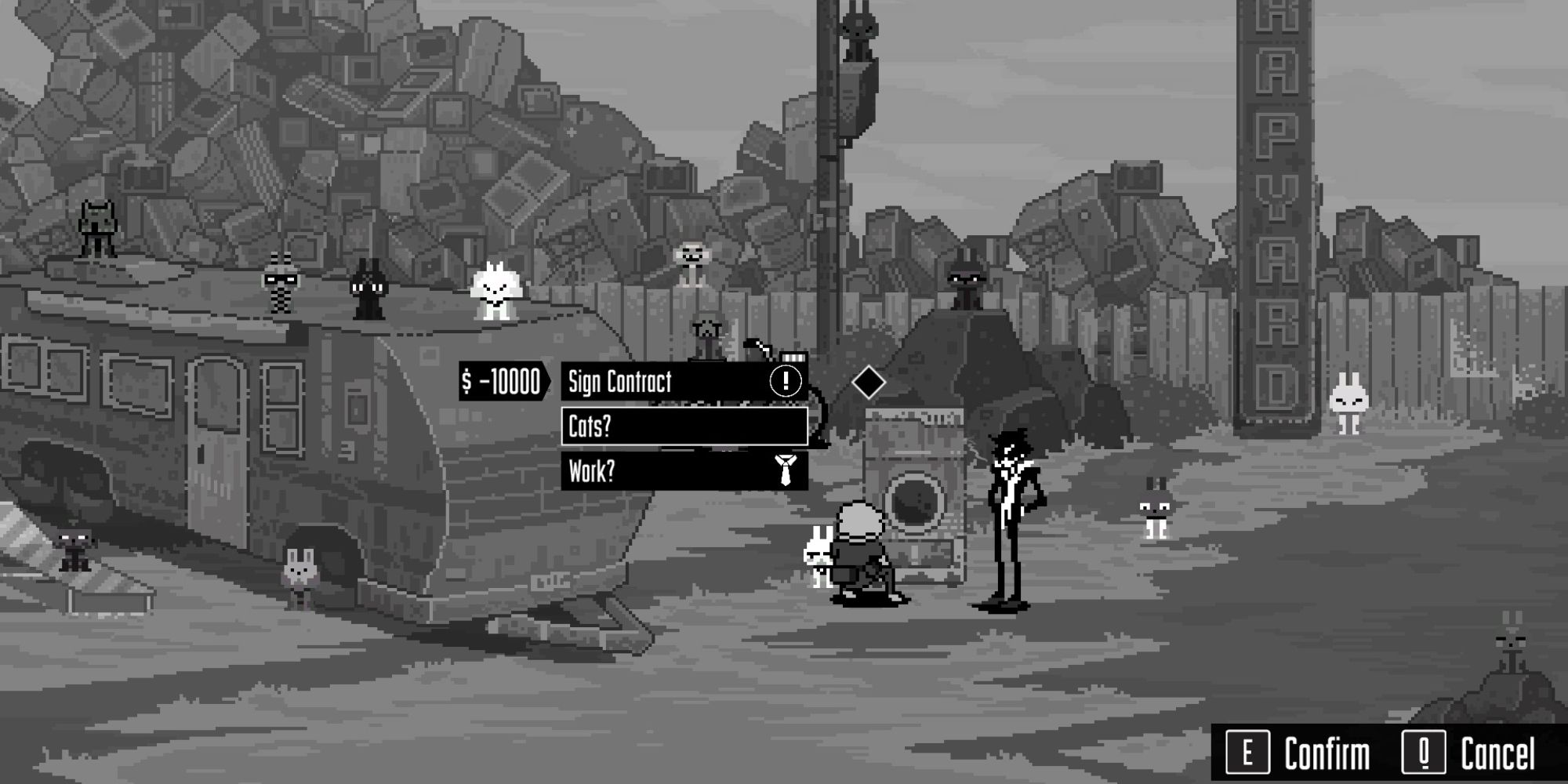 Wolfstride a 2D pixel art perspective of the game's protagonist Shade stood in a scrapyard talking to the NPC Z.Z with various dialogue options available for the player to pick