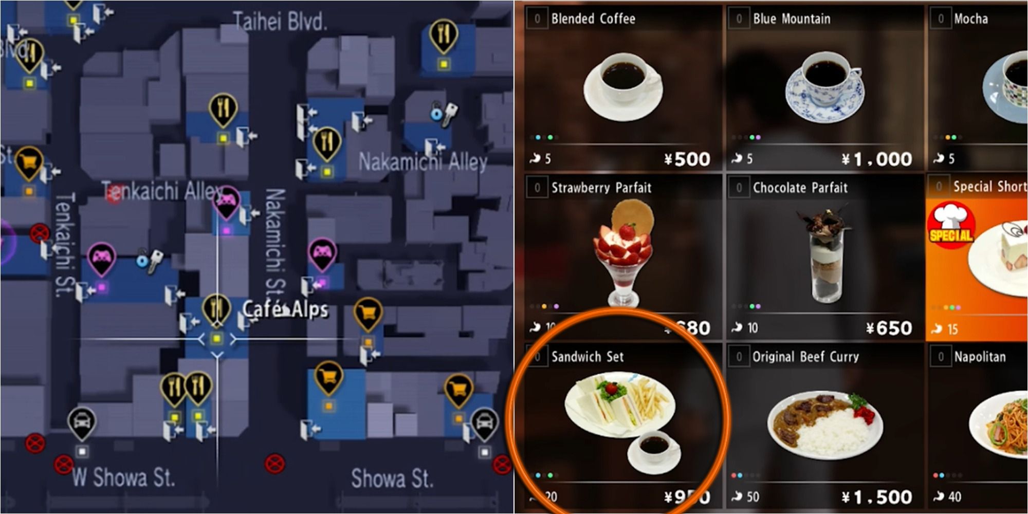 Yakuza 6 Cafe Alps Split Image Location and Sandwich Set