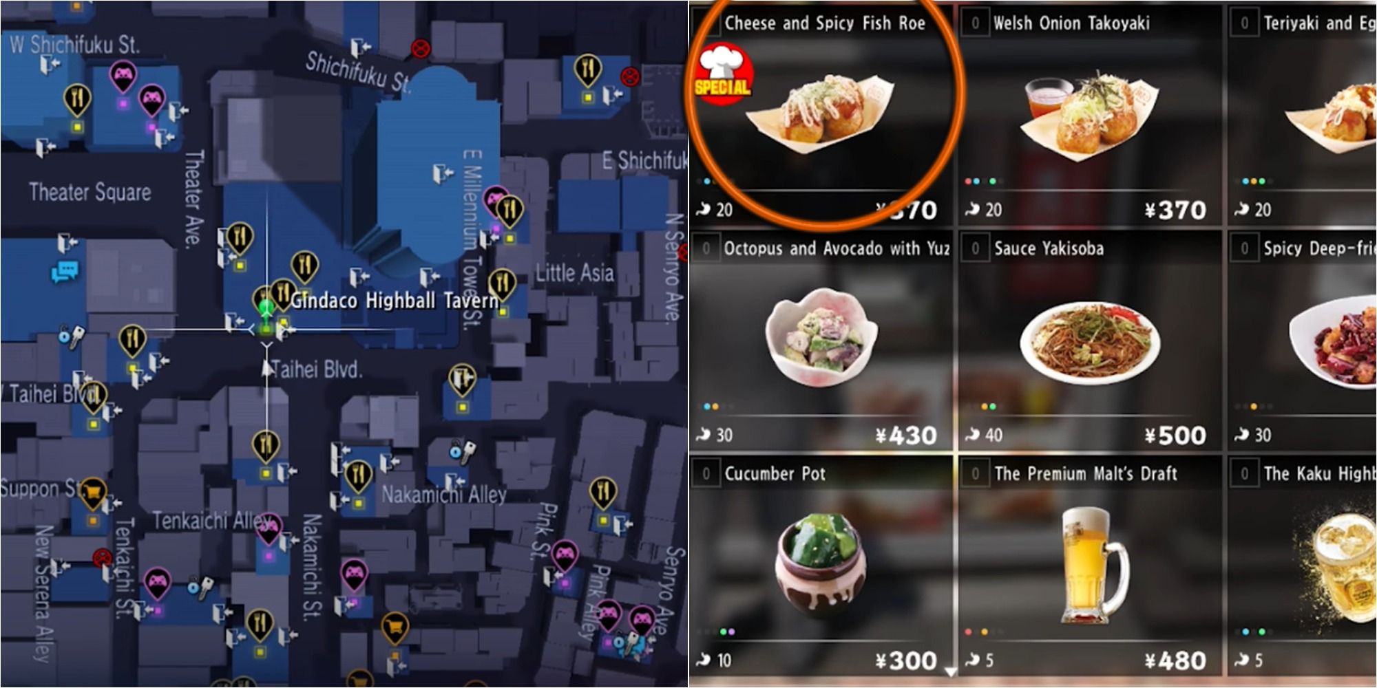 Yakuza 6 Split Image Gindaco Highball Tavern Location and Cheese And Spicy Fish Roe