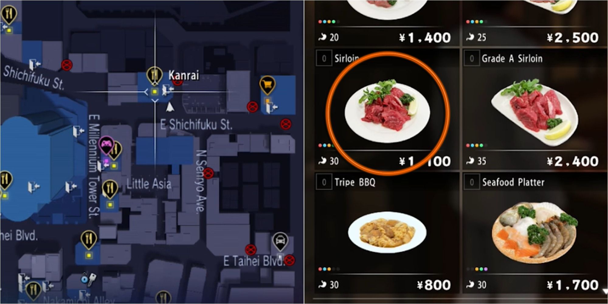 Yakuza 6 Split Image Showing Kanrai Map and Sirloin
