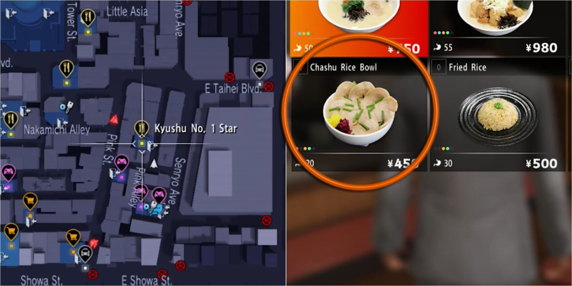 Yakuza 6 Split Image Showing Kyushu No. 1 Star Location And Chashu Rice Bowl