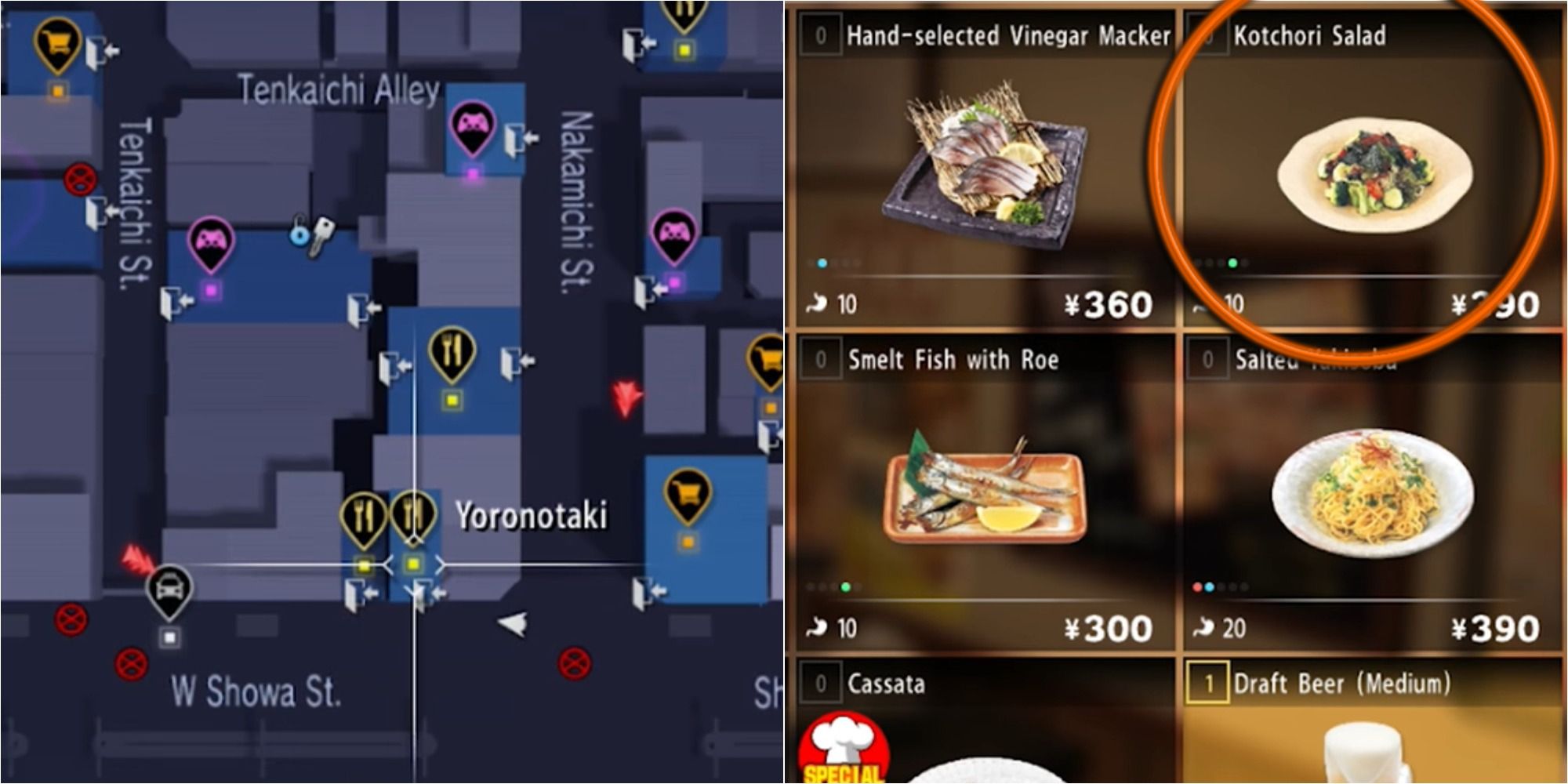 Yakuza 6 Split Image Yoronotaki Map and Kotchori Salad
