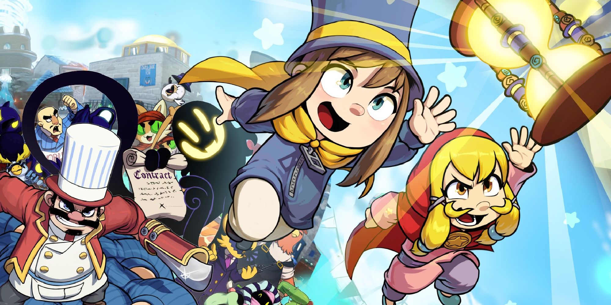 Key art for A Hat In Time, showing Hat Kid and Mustache Girl reaching for a timepiece as other characters chase them