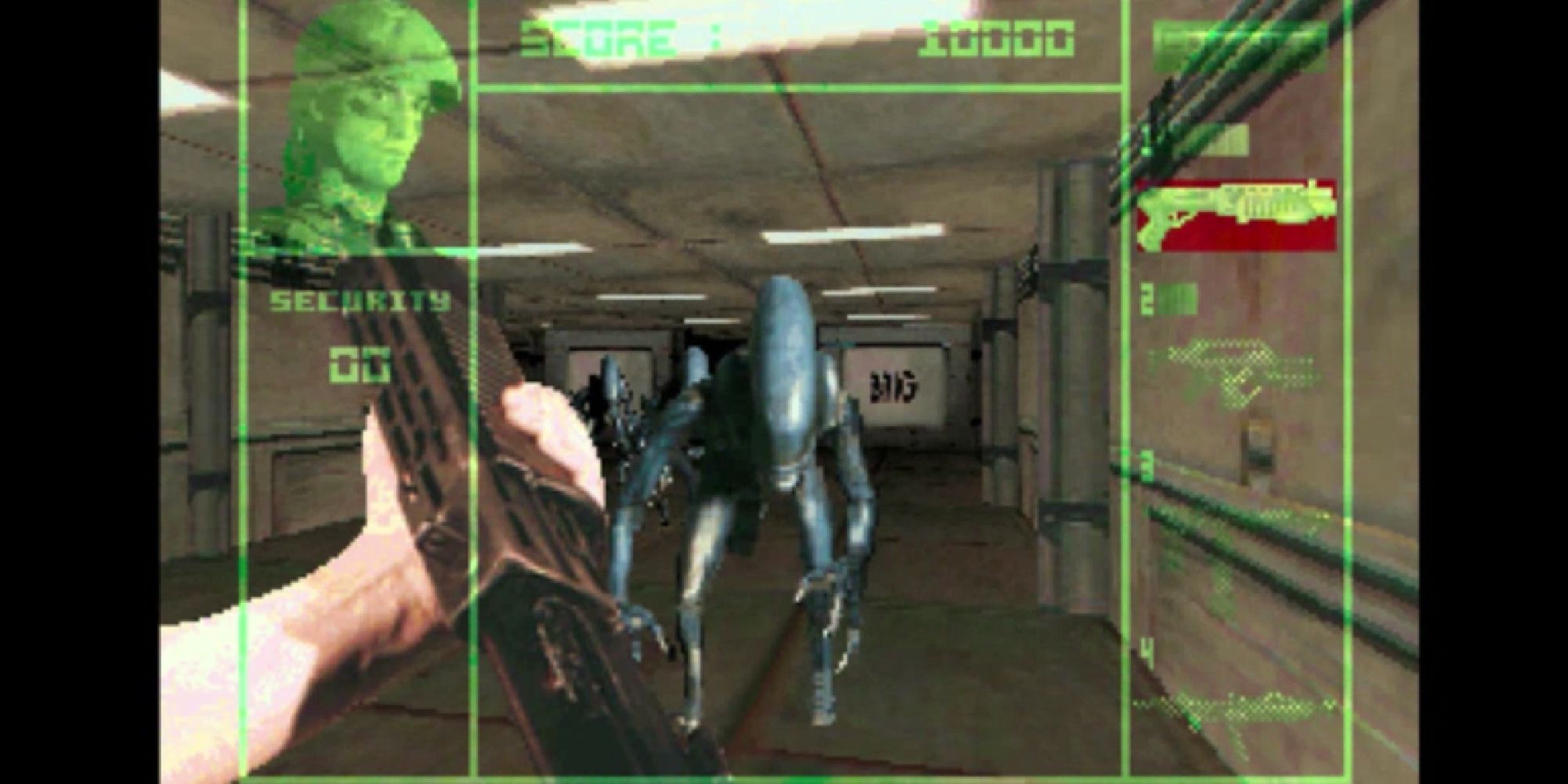 A screenshot from Alien Vs. Predator for the Atari Jaguar, showing a human character loading a gun as they face down a Xenomorph