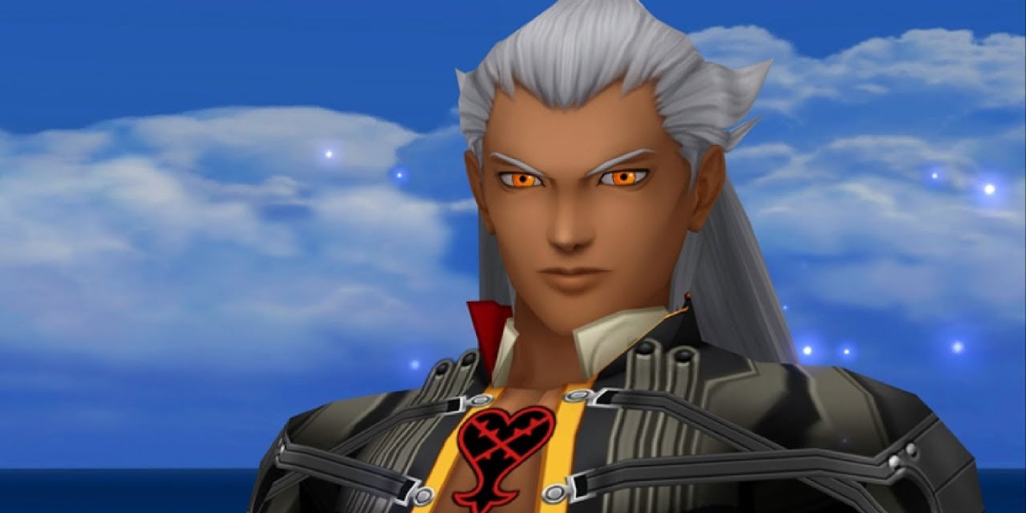 Ansem stares down Sora before the final boss fight on Destiny Island in Kingdom Hearts
