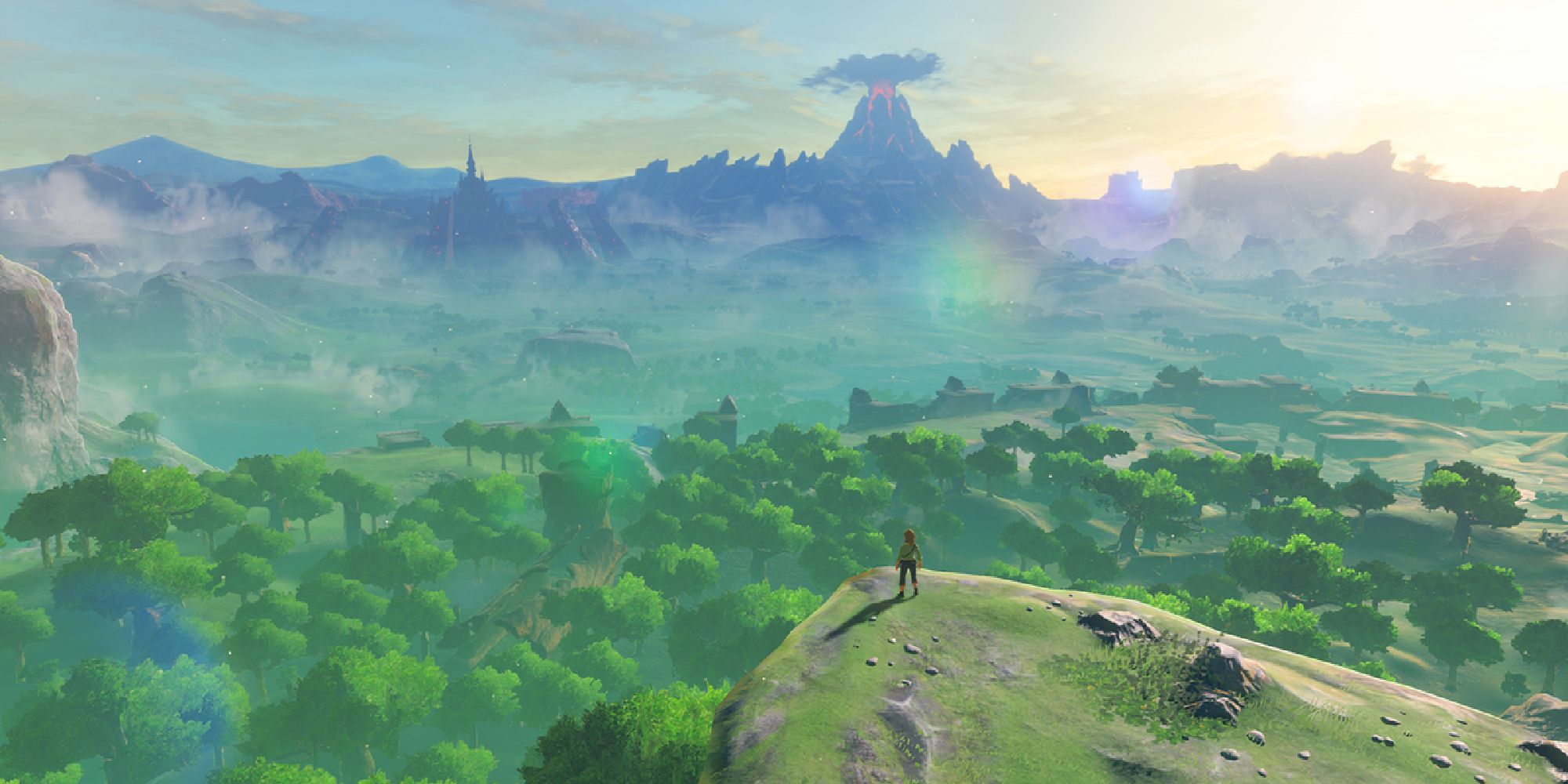 Link stands on a precipice and gazes over the Great Plateau in The Legend of Zelda: Breath of the Wild