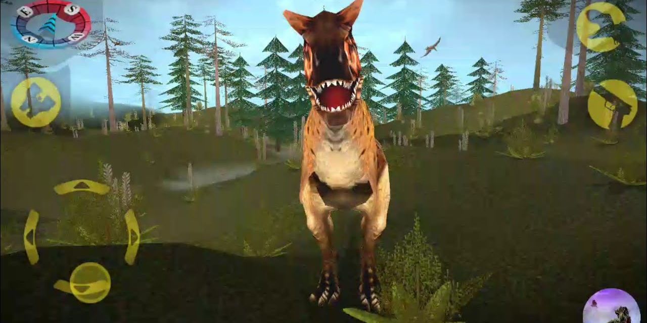 A ceratosaur bears down on the player in Carnivores: Dinosaur Hunter