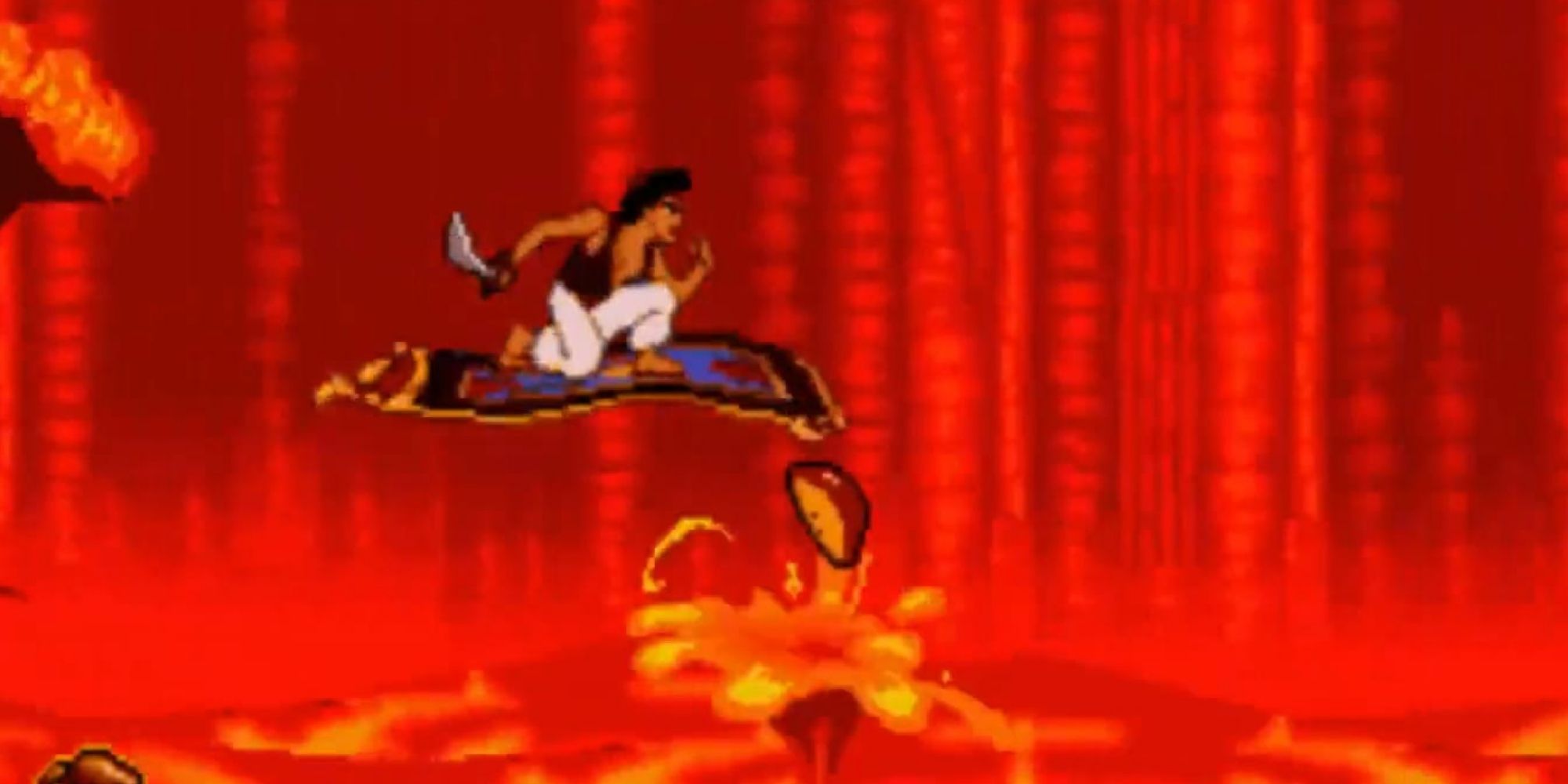 Aladdin rides his magic carpet through a lava-filled Cave of Wonders in Aladdin for the Genesis