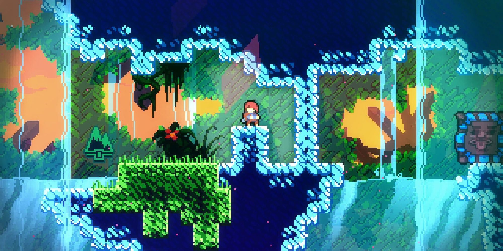 A screenshot from Celeste, showing Madeline standing among waterfalls