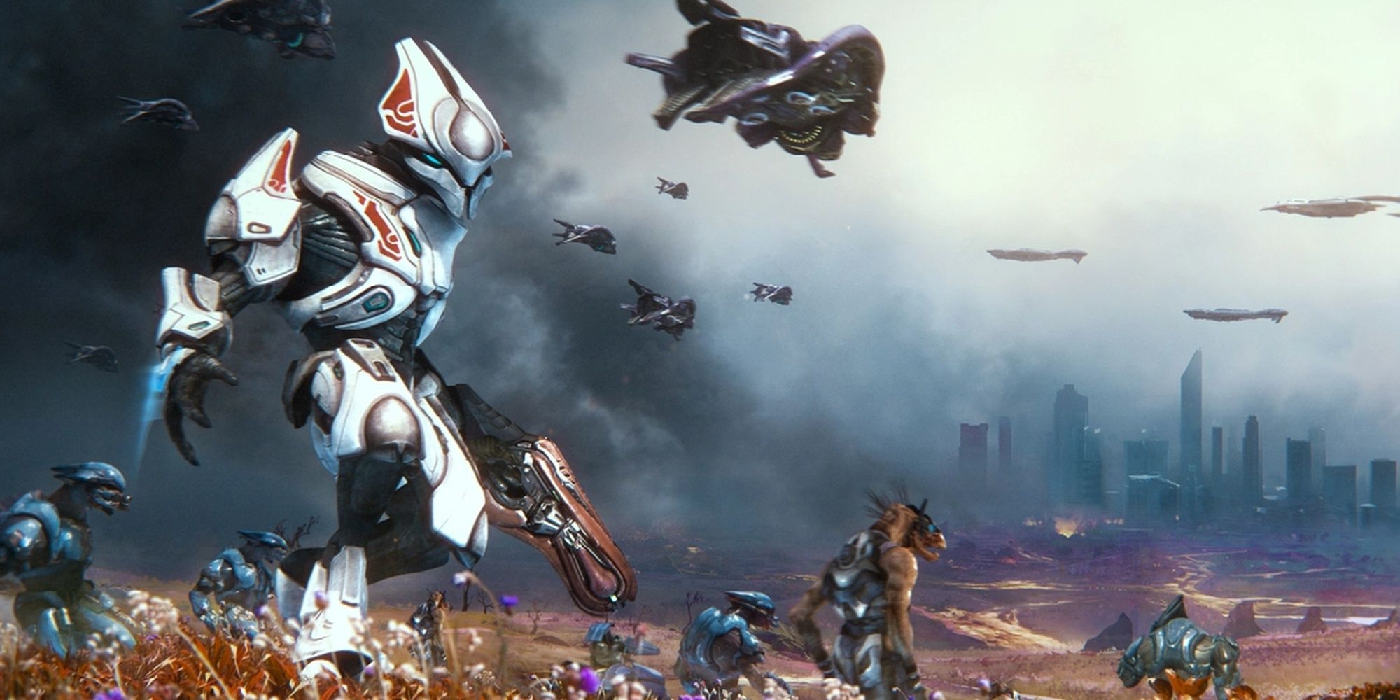 Halo: Various Races Of The Covenant Attacking A Human Colony