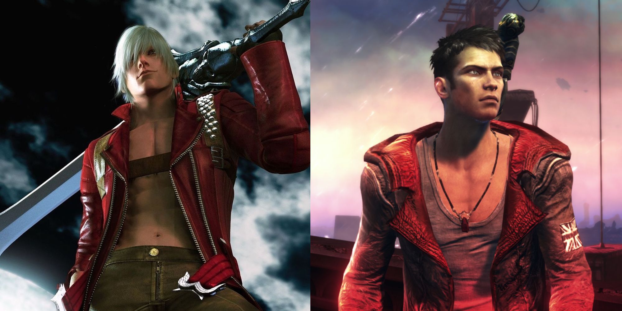 A side-by-side comparison of Dante's silver-haired, leather-clad appearance in Devil May Cry, and his black-haired, slouchy redesign in DmC: Devil May Cry