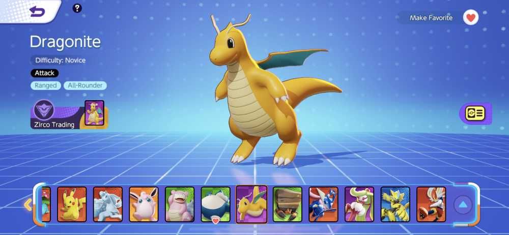 dragonite pokemon unite selection screen