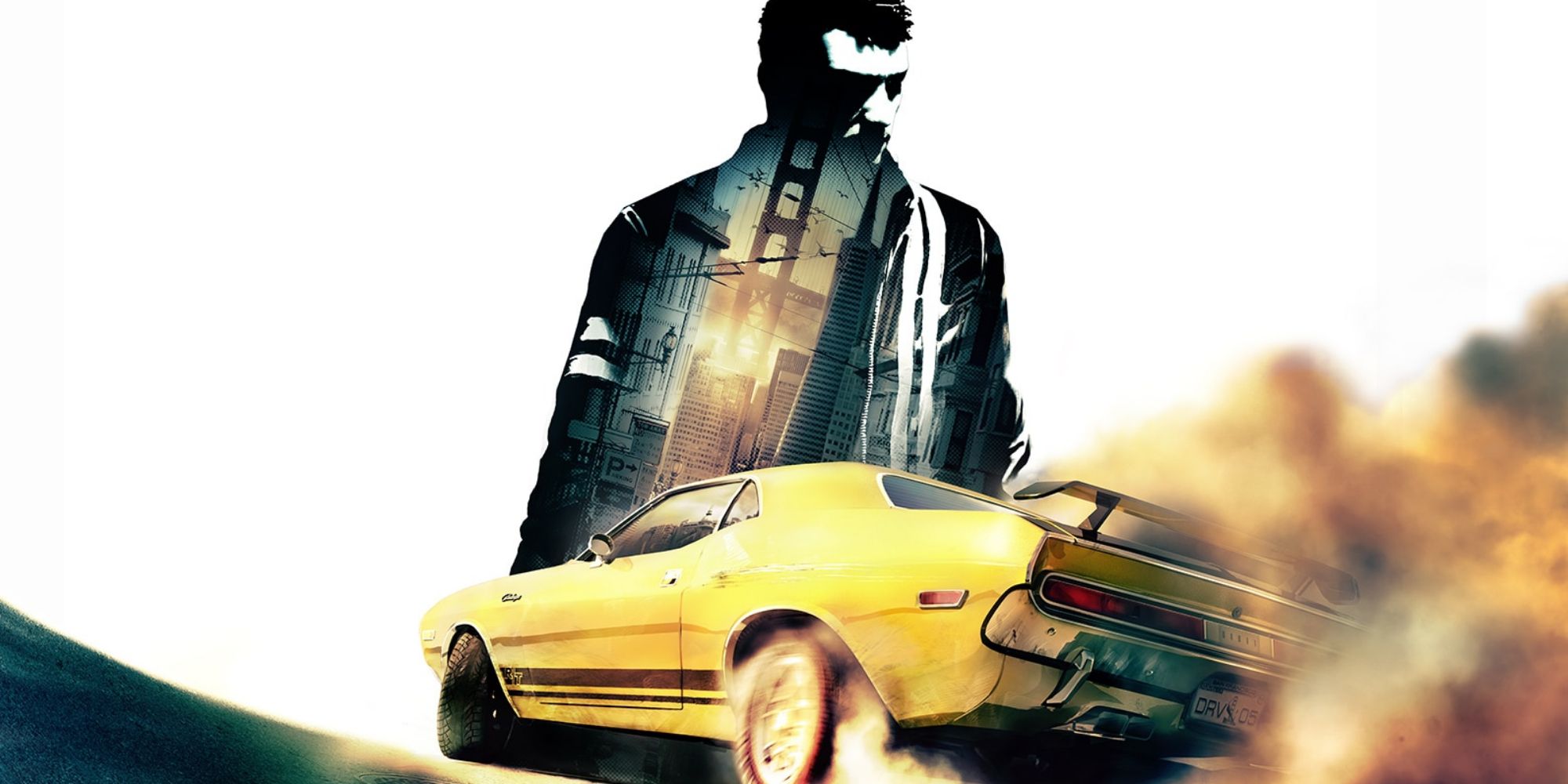 Key art for Driver: San Francisco, featuring protagonist John Tanner in silhouette with an image of the Golden Gate Bridge superimposed on him