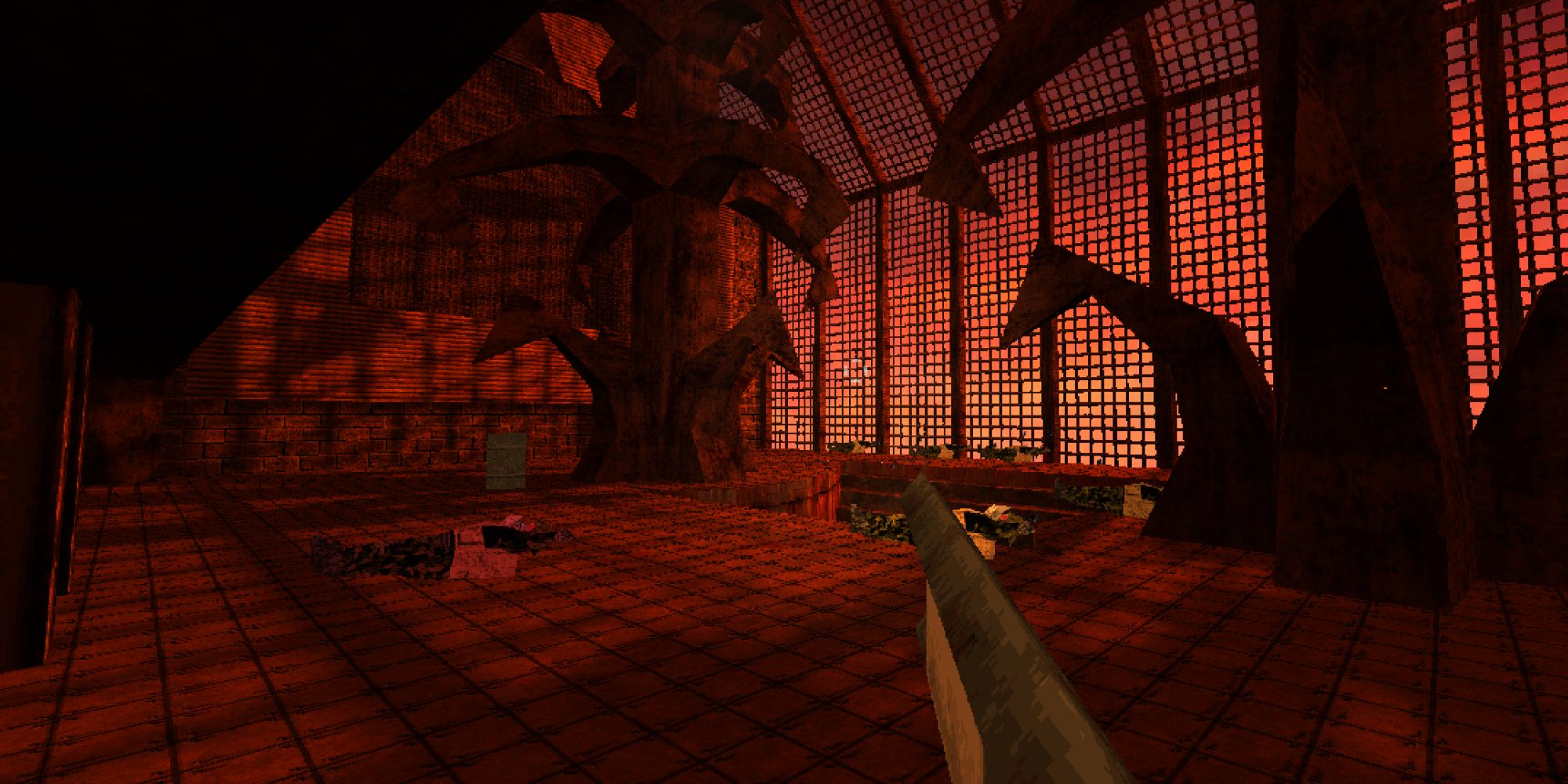 The player character brandishes their shotgun in a tree-filled room in Dusk