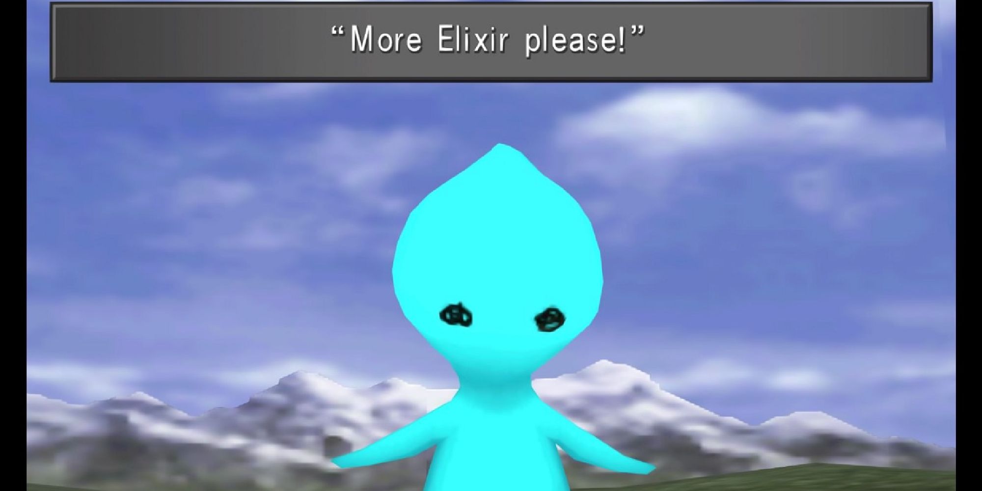 A screenshot from FInal Fantasy VIII's PuPu quest, showing the alien asking for more Elixirs