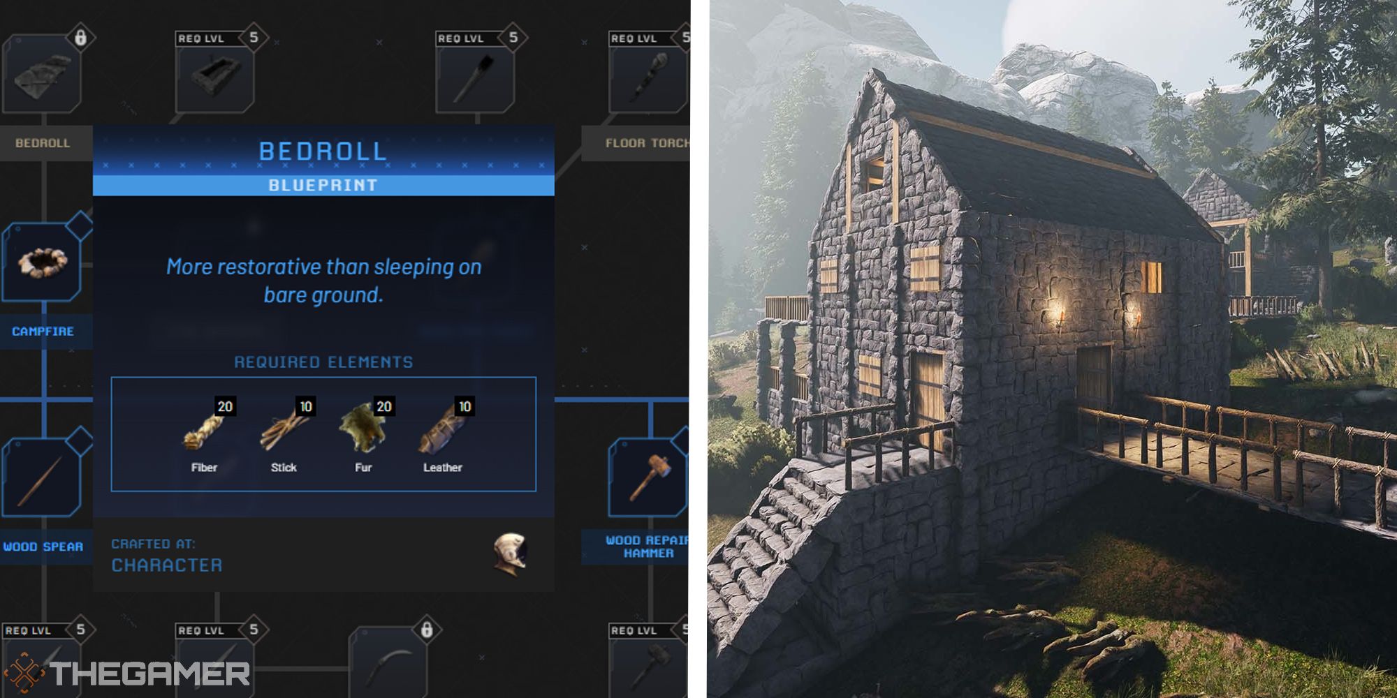 image of bedroll on technology tree next to image of stone house