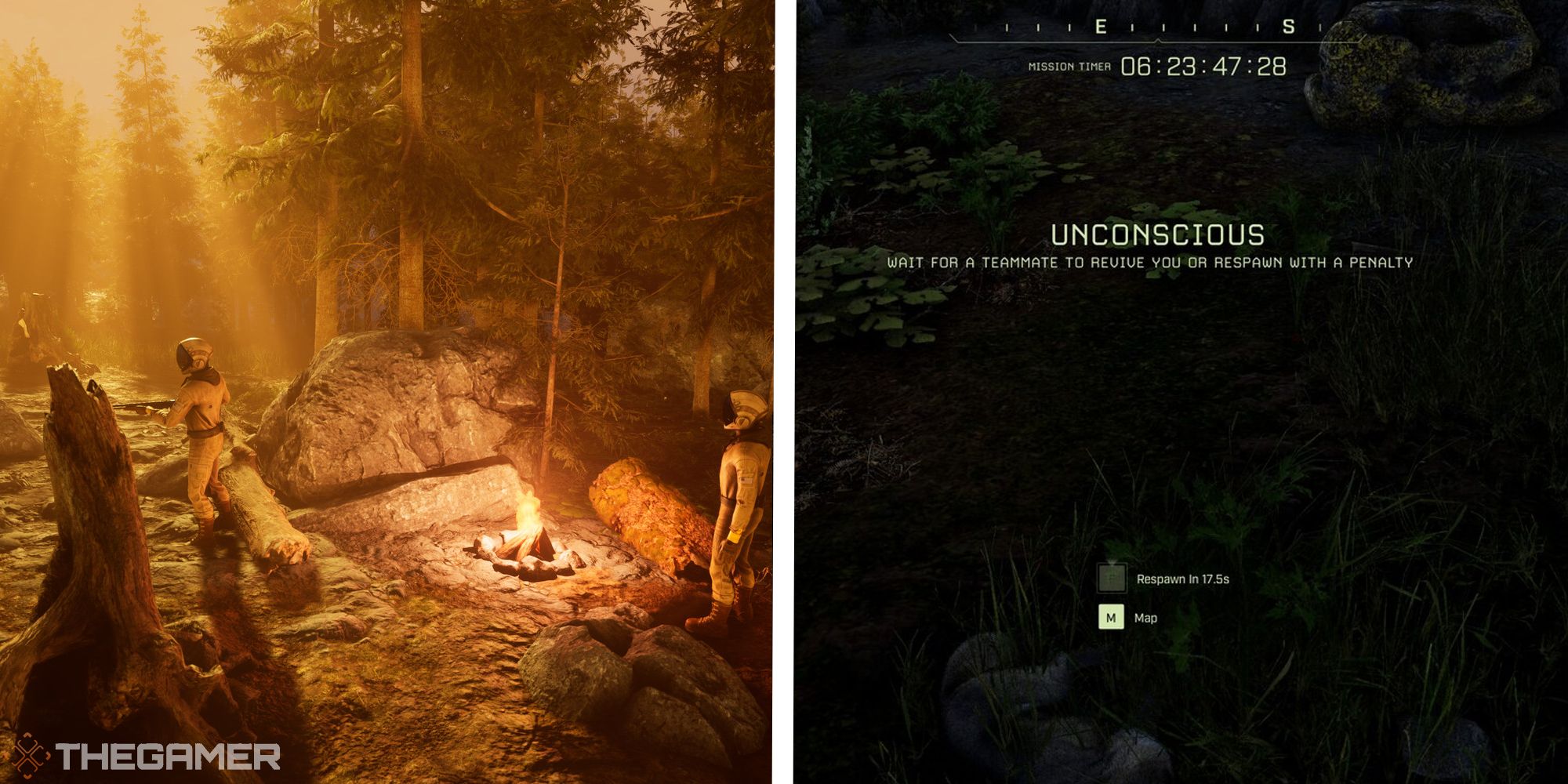image of players around campfire next to image of unconscious screen