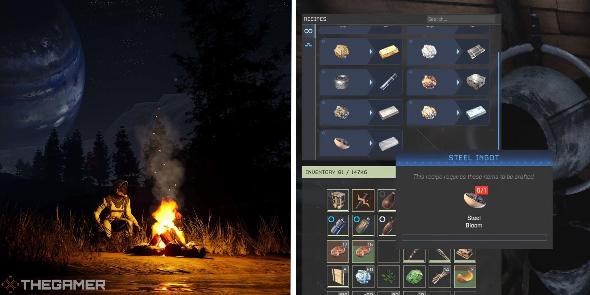 image of player sitting near a campfire next to image of crafting screen for steel ingot at a concrete furnace