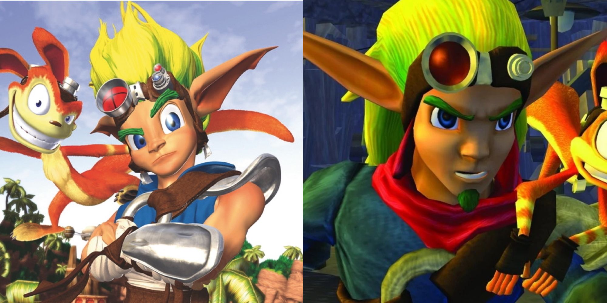 A comparison of Jak's spiky haired design in Jak & Daxter: The Precursor Legacy and his slicker, tougher look in Jak 2