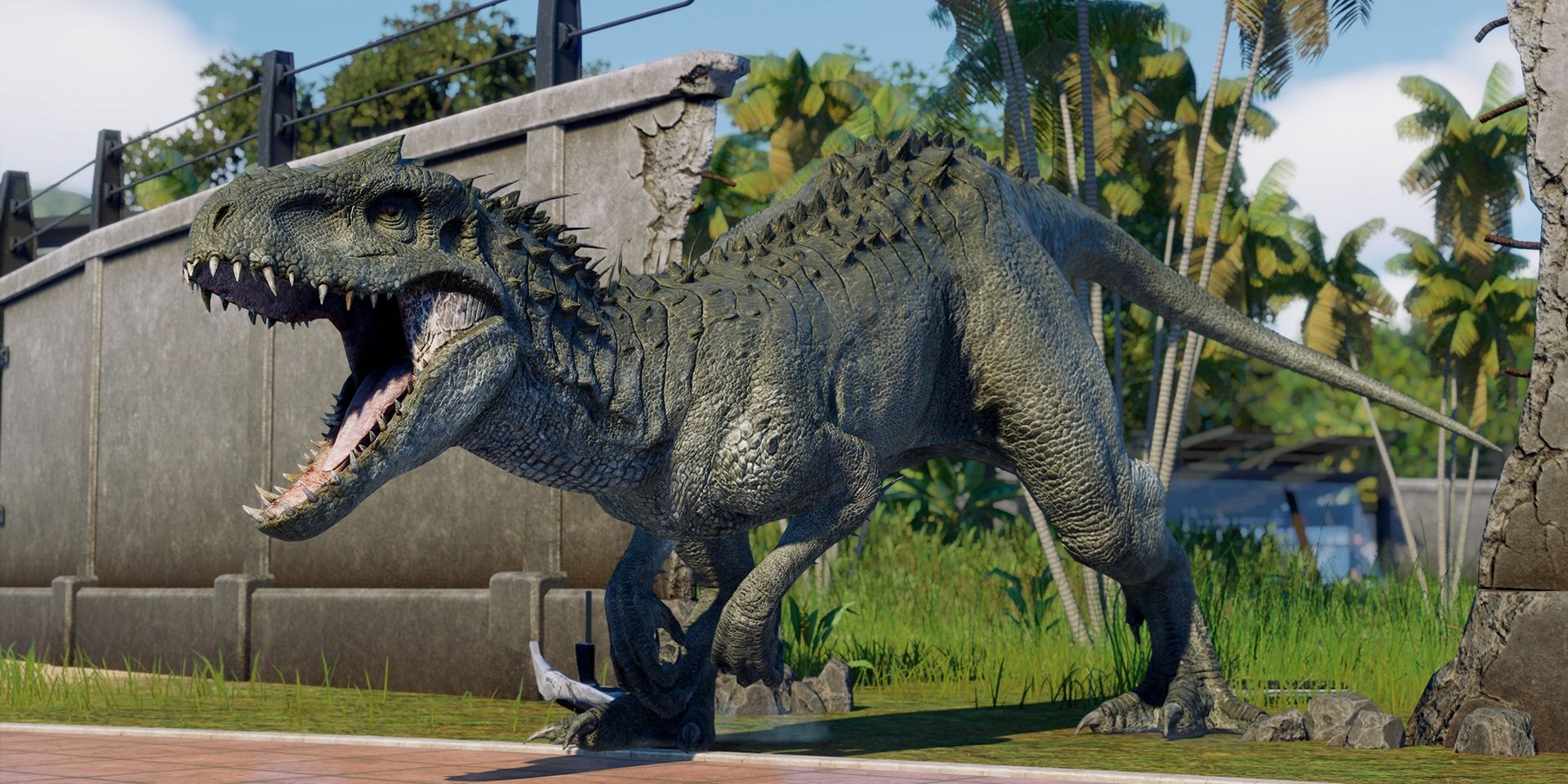 A screenshot showing a dinosaur escaping from its enclosure in Jurassic World Evolution 2