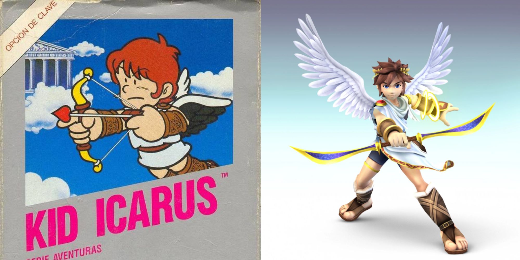 Pit from Kid Icarus compared from the original game to his Smash Bros Brawl design, showing several added elements and generally cooler vibe