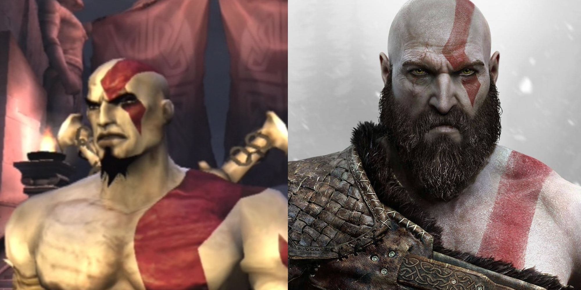 A comparison of Kratos' appearance in God of War for the PS2 vs his grizzled, bearded appearance in God of War for the PS4