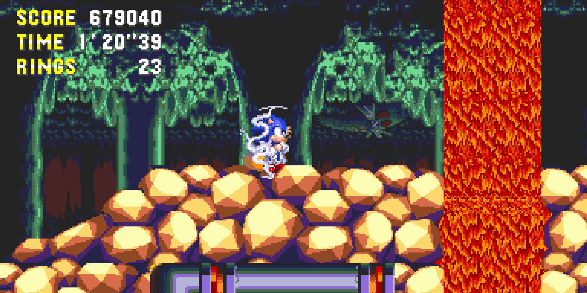 Sonic runs past flowing lava in Lava Reef Zone in Sonic 3 & Knuckles