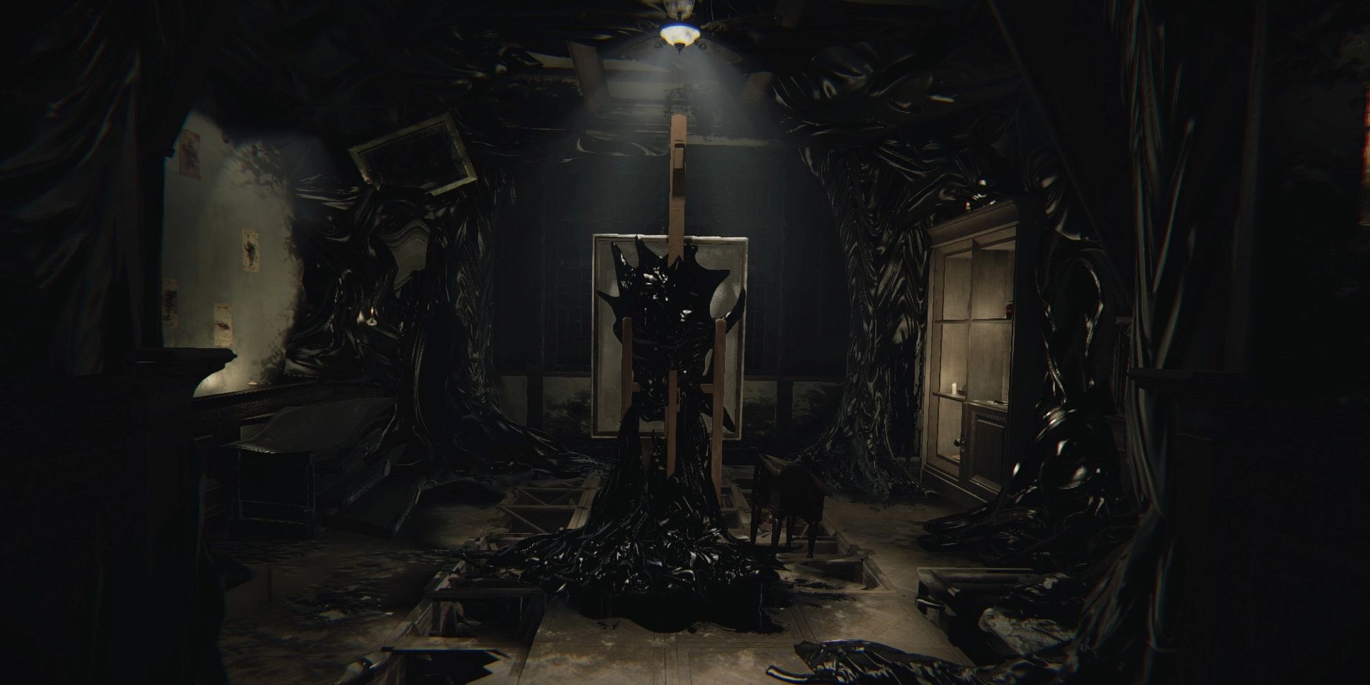 Confronting The Demonic Painting on its easel as the black goo surrounds the walls and floor of the room.