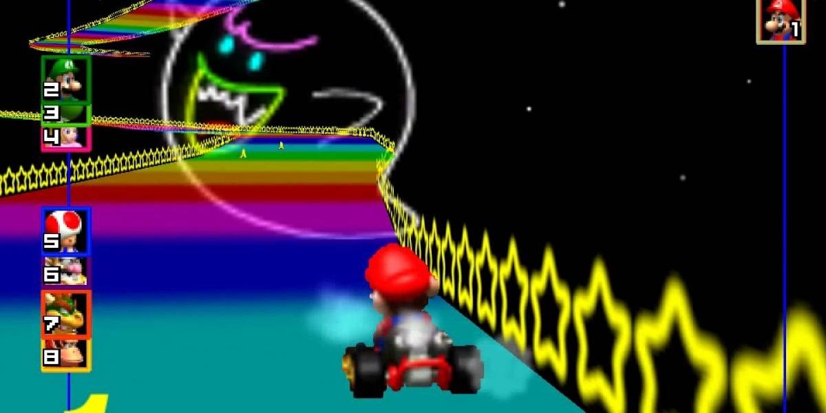 Mario races through Rainbow Road