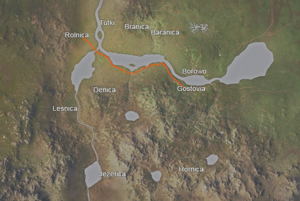 map of the valley with a path leading from gostovia to rolnica