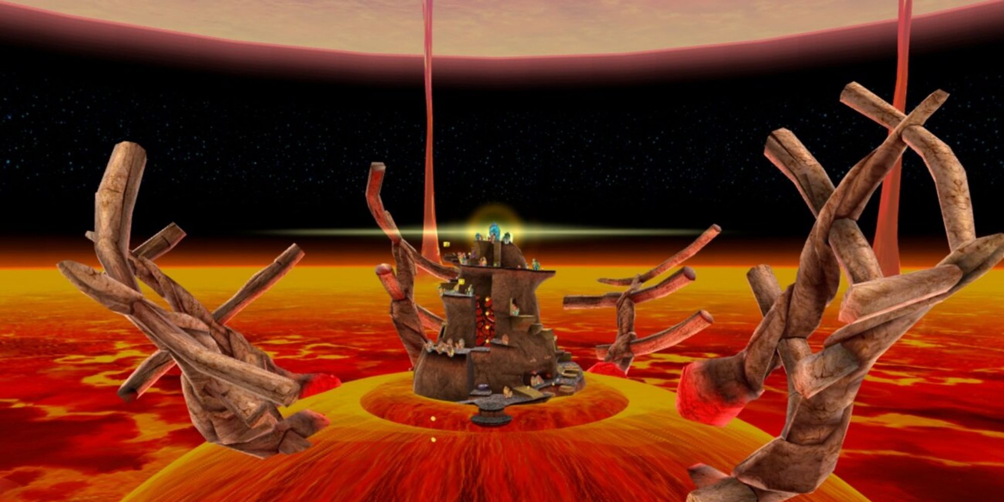 A screencap of a spindly rock tower balanced on a pool of lava in Super Mario Galaxy's Melty Molten Galaxy