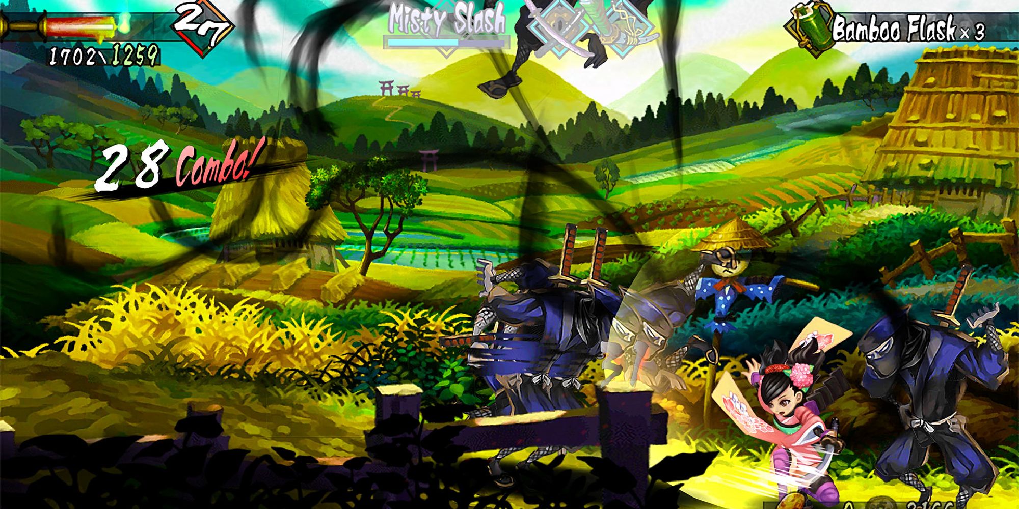 A screenshot of Muramasa: The Demon Blade, showing Momohime slashing through scarecrows in a verdant field