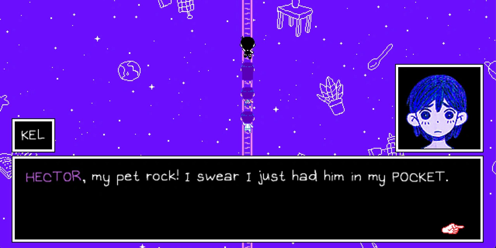 A screenshot from Omori, showing Kel realizing that he's lost his pet rock, Hector