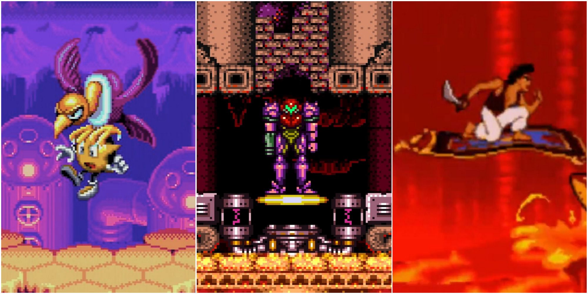 A collage of images of Ristar, Super Metroid, and Aladdin
